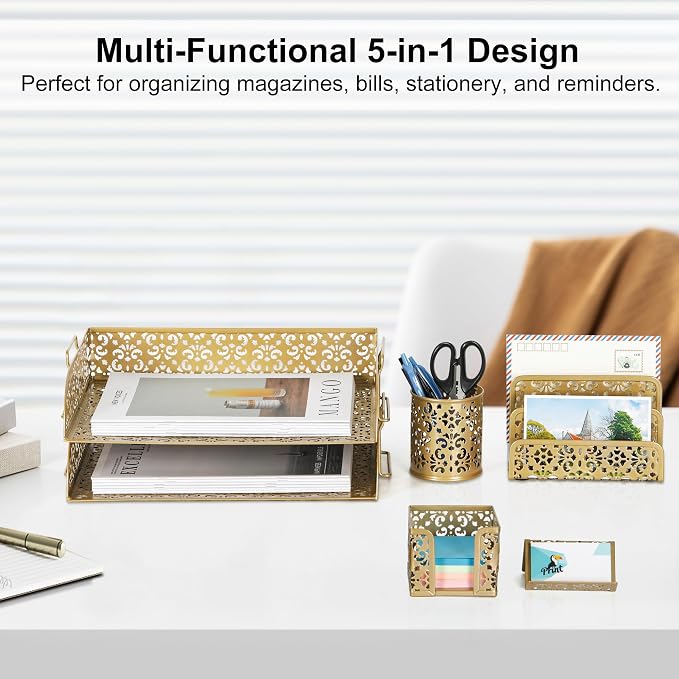 EasyPAG Desk Organizers and Accessories 5 Pieces Office Supplies Set - 2 Tier Paper Tray, Pencil Organizer for Desk, Mail Sorter Countertop, Business Card Holder and Sticky Note Holder, Gold