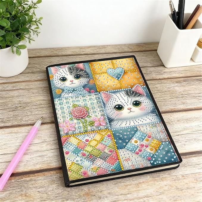 FRANDEK Diamond Art Painting Notebook Kit, Plaid Cat A5 DIY Journal with 50 Blank Pages, Crystal Rhinestone Cover with Waterproof Canvas, Beginner Craft Set with Full Tools for Adults