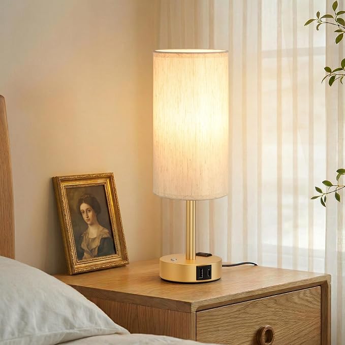 Touch Bedside Table Lamp with Memory - Stepless Dimmable Lamp for Bedroom, Small Nightstand Lamp with Dual USB Charging Ports and AC Outlet, Wood Night Light, Desk Lamp for Nursery (Cream & Gold)