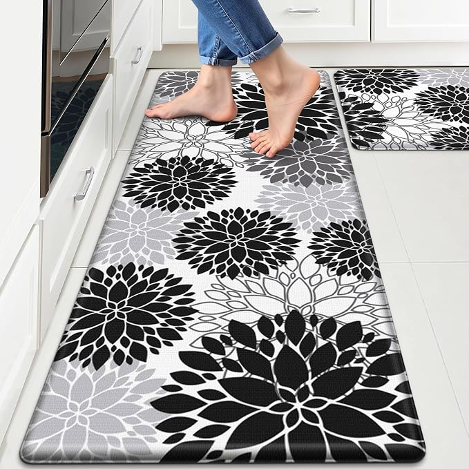 StepLively Kitchen Mats for Floor 2PCS, Anti Fatigue Mats for Kitchen Floor, Kitchen Accessories for Sink, Office, Laundry, 17.3"×30"+17.3"×47", White and Black