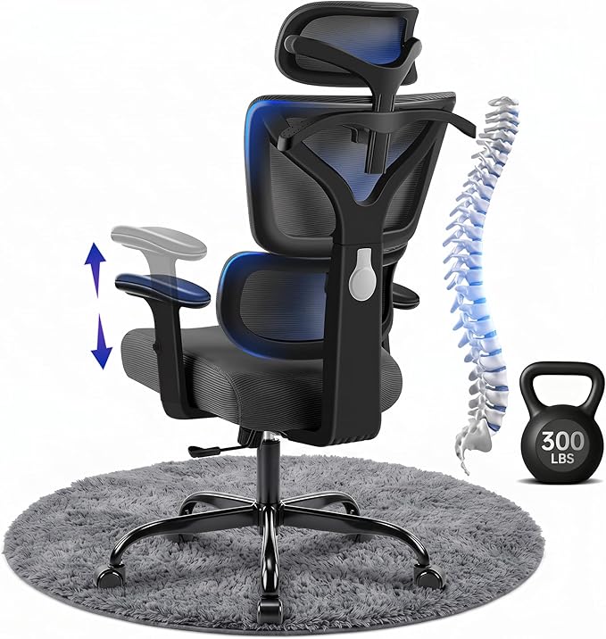 Ergonomic Office Chair, High Back Mesh Computer Chair with Comfortable Adaptive Lumbar Support, Built-in Coat Hanger, SGS Class 4 Gas Lift, Heavy Duty 300lbs for Long Hours Home Office