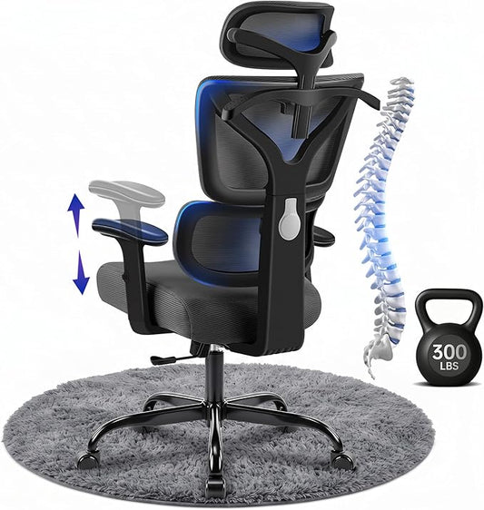 Ergonomic Office Chair, High Back Mesh Computer Chair with Comfortable Adaptive Lumbar Support, Built-in Coat Hanger, SGS Class 4 Gas Lift, Heavy Duty 300lbs for Long Hours Home Office