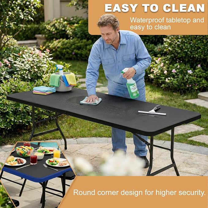FDW 8FT Plastic Folding Table, Portable with Carrying Handle Perfect for Indoor, Outdoor, Party, Dining, Wedding, Events, Camping, Black
