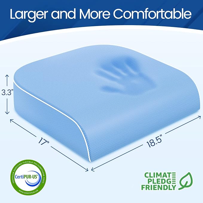 SweetSlubr Seat Cushion for Tailbone Pain Relief, Office Chair Cushion, Memory Foam Large Chair Cushion with Non-Slip Cover for Soft Support at Office Chair, Car Seat, Airplane Light Blue/X-Large