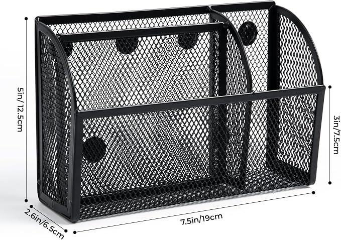 M&G Magnetic Pen Holder Dry Erase Marker Holder, Strong Magnet Metal Mesh Pencil Holder for Whiteboard, Refrigerator and Locker, 3 Compartments Magnetic Basket Organizer, Black