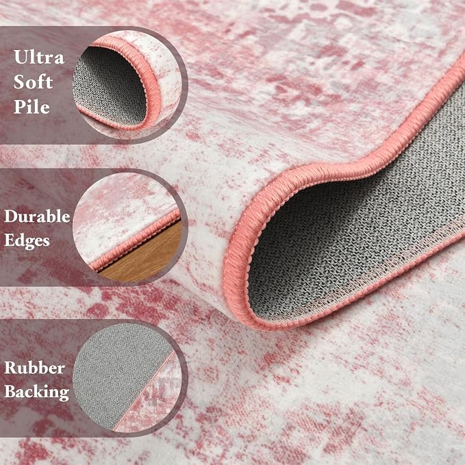 Macgace Washable Abstract Rug, 2x3 Small Modern Area Rugs with Non-Slip Rubber Backed for Kitchen, Thin but Soft Throw Carpet Bedroom Entryway Front Door Decor, Pink