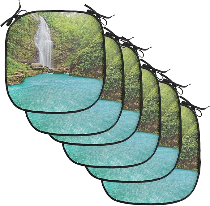 Lunarable Waterfall Chair Cushion Pads Set of 6, Falling Water from Green Mountains Clear Pool and Tropical Plants, Anti-Slip Seat Padding for Kitchen & Patio, 16"x16", Turquoise Green White