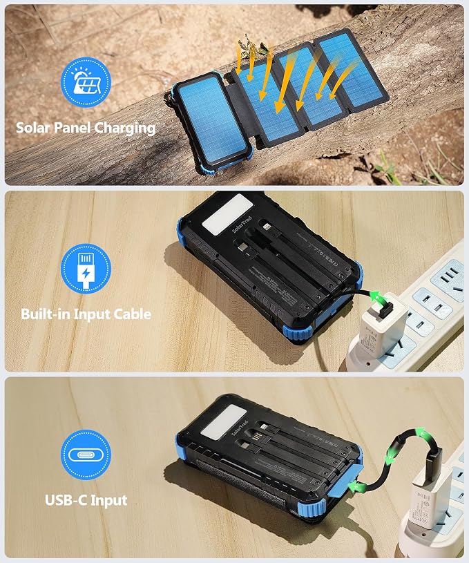 Solar Power Bank 20000mAh with 4 Panels, Portable Solar Charger with Build-in 3 Cables for iPhone, USB C in/Output 15W Fast Charging External Battery Pack with Flashlight & Camping Light