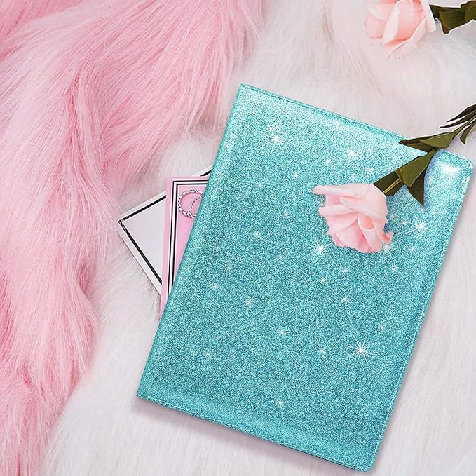 Glitter Portfolio Case for Women, Padfolio Cover for Women, Conference/Resume/Legal Document Organizer with Letter/A4 Size Clipboard Hardboard, Business Card Holders, Blue+Green