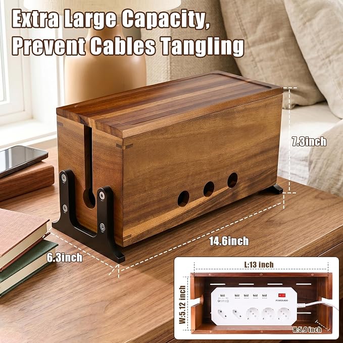 Extra Large Acacia Wood Cable Management Box, Pet Child Safe Cord Hider | Home Decor Cord Organizer, Sturdy Cable Hider Box for Power Strip, TV Wires, Desk & Floor & Office Under Desk Cable