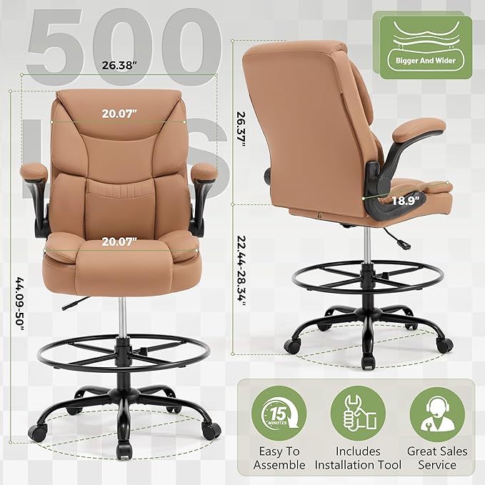 500LBS Drafting Chair, High Back Safer Standing Desk Chair, Executive Tall Office Chair with Flip-up Armrests, Upholstered PU Leather Task Chair, Ergonomic Seat with Adjustable Height&Foot Ring, Brown