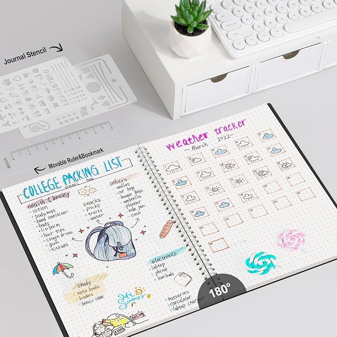 AHGXG Dotted Journal - Dot Grid Spiral Notebook 8.5" x 11", A4 Large Dotted Notebook, 100 GSM Thick Paper, Waterproof Plastic Cover Journals for Journaling, Sketching, Black