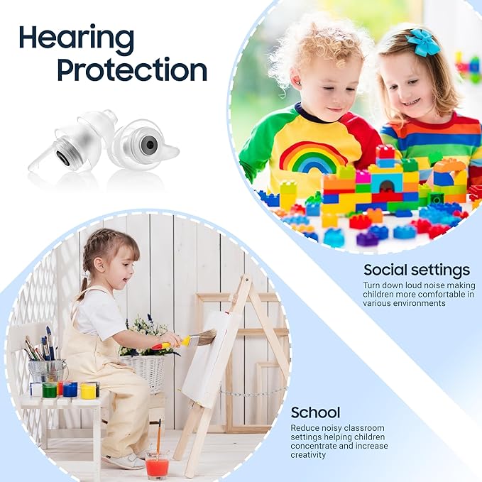 Kids Ear Plugs (6+yrs) - Reusable Noise Relief Earplugs with String for Child, Kids Ear Protection for Airplane, Focus, Anxiety, Stress, School, Home, Playtime, 25 dB Noise Reduction, 2 Pairs