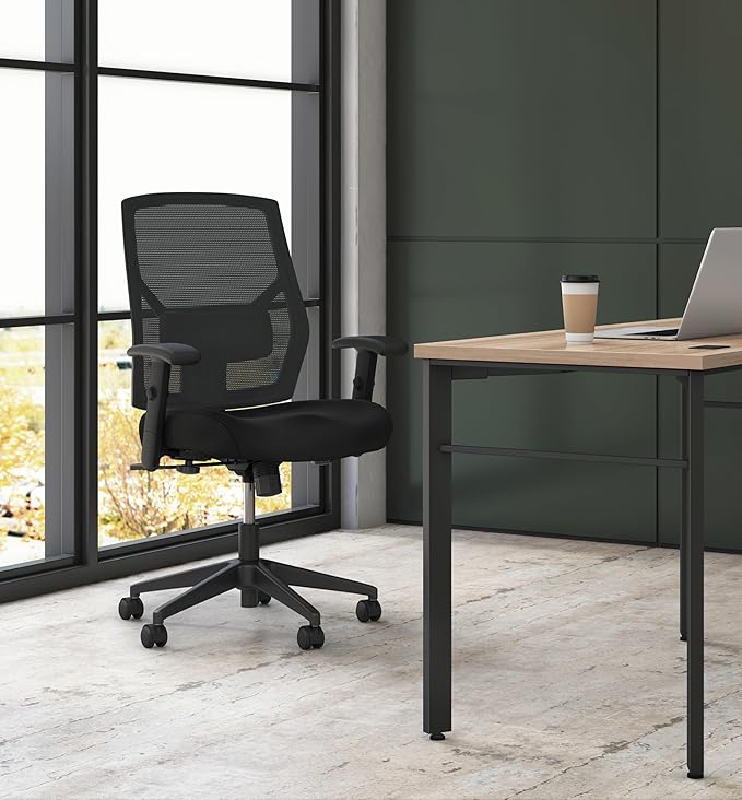 HON Crio Ergonomic Mesh Office Chair, High‑Back Desk Chair with Adjustable Arms, Lumbar Support, Center‑Tilt Swivel Seating for Computer Desks and Home Office, Black Frame, Black