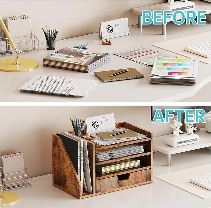 Wood Desk File Organizer with Side File Rack, Space-Efficient Design Easy to Assemble for Efficient Office Setup, Reduces Desk Clutter (Brown)