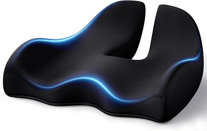 Benazcap Large Ergonomic Seat Cushion Relieves Sciatica & Tailbone Pain | Ergonomic memory foam relieves sitting strain, washable slip-resistant cover, fits office, car, gaming chairs all day