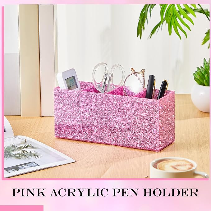 Jetec Acrylic Glitter Pen Holder 4 Compartments Bling Makeup Brush Stationery Organizer Pencil Holder for Desk Accessories Sparkly Gifts for Women Birthday Valentines Desktop Workplace Office(Pink)