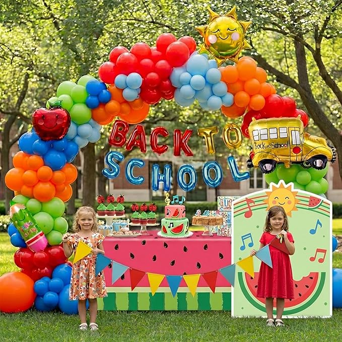 140 Pcs Red Blue Yellow Green Back to School Balloon Garland Arch Kit | Includes letter banner, rainbow pencil, school bus, sun and apple foil balloons ,Kindergarten Graduation Decorations