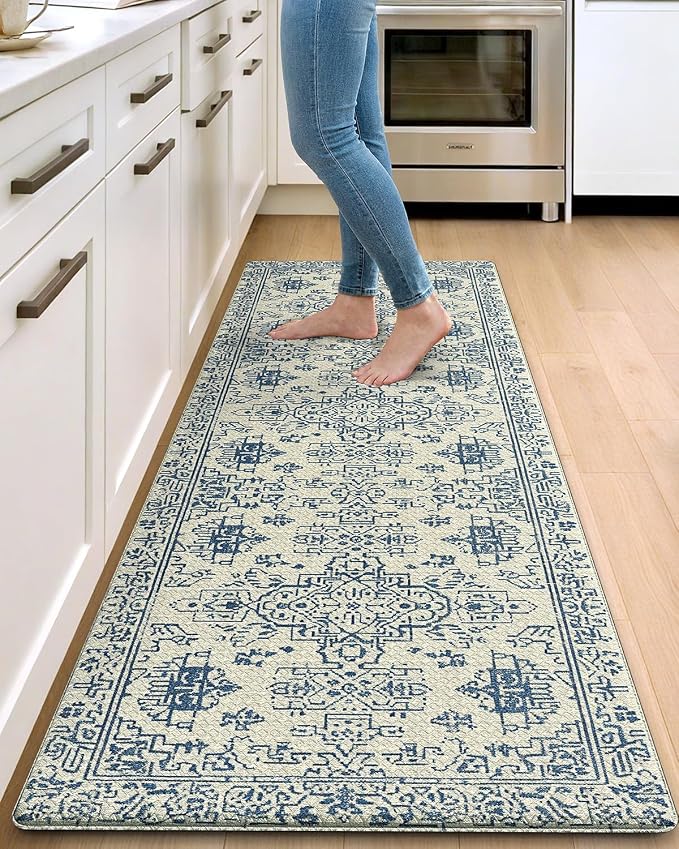 DEXI Kitchen Mats Cushioned Anti Fatigue, 23x59 Floor Padded Runner Rug Non Slip, Waterproof Standing Comfort Memory Foam for Front Sink Laundry, Blue White