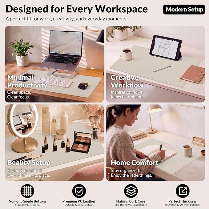 Leather Desk pad Protector, Large Desk mat with Natural Cork & PU Leather,Mouse pad,Non-Slip Office Desk Mat,Waterproof Desk Writing Pad for Office and Home (35in*17in,Beige)