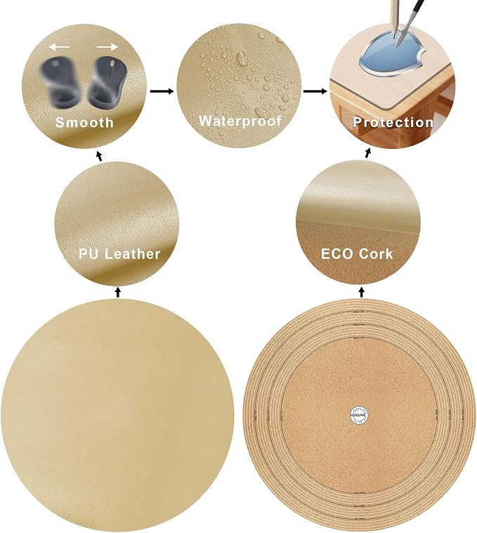 MAIDERN 18 Inch Round Cork & Leather Placemats, Cuttable Size (12-18 Inch), Trimmable Dining Table Mat, Heat Resistant/Non-Slip Table Cover for Kitchen, Office, or Restauran (Golden)