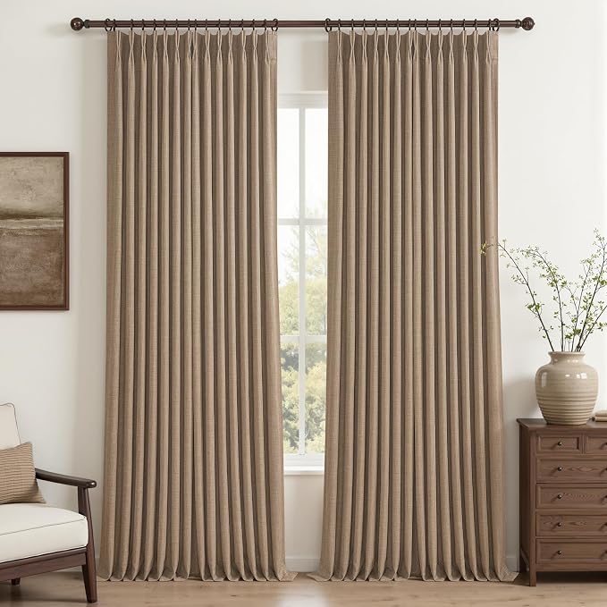 Extra Long 102 Inch Rust Brown High Ceiling Curtains for Dining Room, Blackout Memory Shape Pinch Pleat Natural Linen Blend Thermal Noise Reducing Country Windows Curtain 102 Inches Length Panels of 2