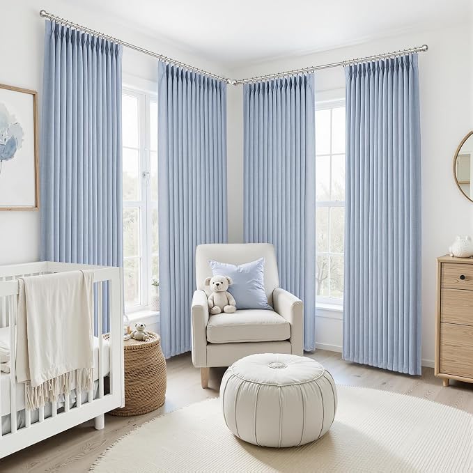 Blackout 108 Inch High Ceiling Curtains 2 Panels Set for Living Room, Memory Shape Pinch Pleat Two Layer Linen Noise Cancelling Privacy Extra Long Light Blue Elegant Dining Room Windows Drapes 9 FT