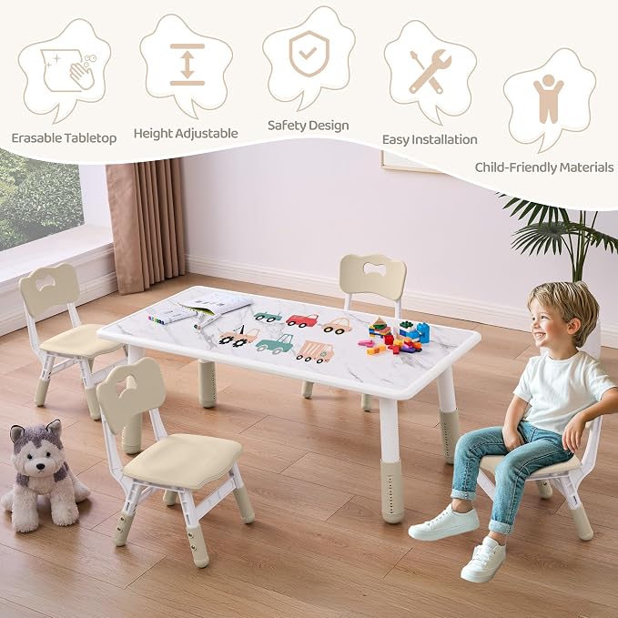 DOREROOM Toddler Table and 4 Chairs Set, Marble Top, No-Screw Legs, Natural | Graffiti Desktop, 47.2"L x 23.6"W, Frameless, Kids Ages 3-8, FSC-certified, Children Activity for Daycare, Classroom, Home