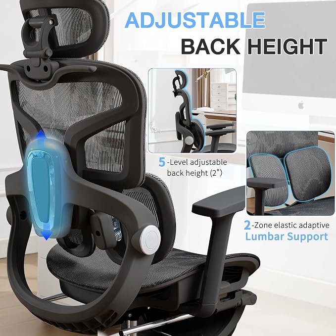 Ergonomic Mesh Office Chair with 2-Zone Lumbar Support and Footrest,Black | Big and Tall, 400LBS, Adjustable Seat Depth, 4D Headrest, 4D Armrests Swivel Executive Chair for Home Office