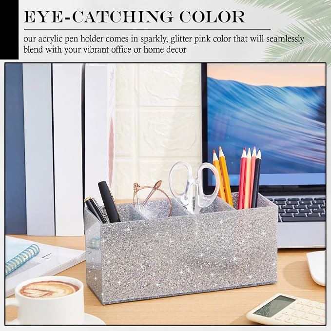 Jetec Acrylic Glitter Pen Holder 4 Compartments Bling Makeup Brush Stationery Organizer Pencil Holder for Desk Accessories Sparkly Gifts for Women Birthday Valentines Desktop Workplace Office(Sliver)