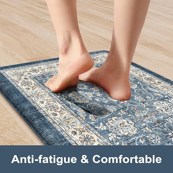 KIMODE Anti Fatigue Kitchen Mats for Floor, Boho Distressed Blue Kitchen Rugs Sets of 2, Padded Kitchen Floor Mats Non Slip, Cushioned Standing Mats for Sink, Laundry, Desk 17"x59"+17"x29"