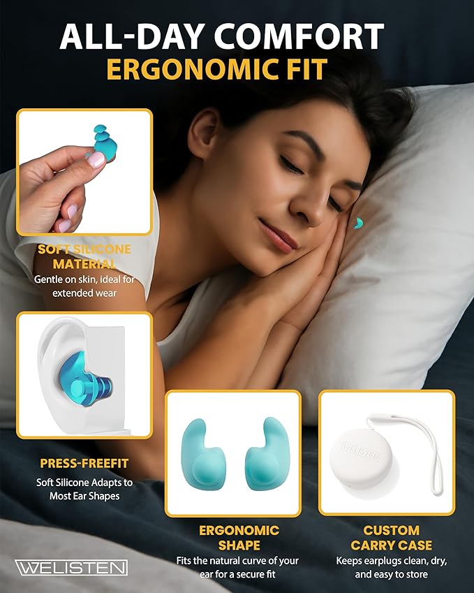 Ear Plugs for Sleeping Noise Cancelling, Soft Reusable Silicone Hearing Protection Earplugs for Sleep, Noise Sensitivity, Concerts, Work, Study, Ergonomic Design with Storage Case - Green