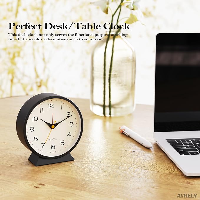 AYRELY® 4.5" Analog Alarm Clock, Small Retro Desk Clock and Table Clock | Battery Operated, Silent Metal Table Clock with Light for Living Room Decor, Bedroom, Bedside and Shelf (Black)