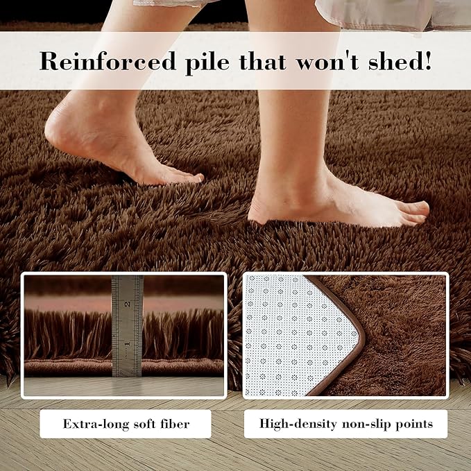 yongyangjuxin Fluffy Rug Shag Area Rug, Brown 6x9 Area Rugs for Living Room, Large Shag Area Rugs for Bedroom Room Home Decor, Upgrade Anti-Skid Rectangular Fuzzy Rugs