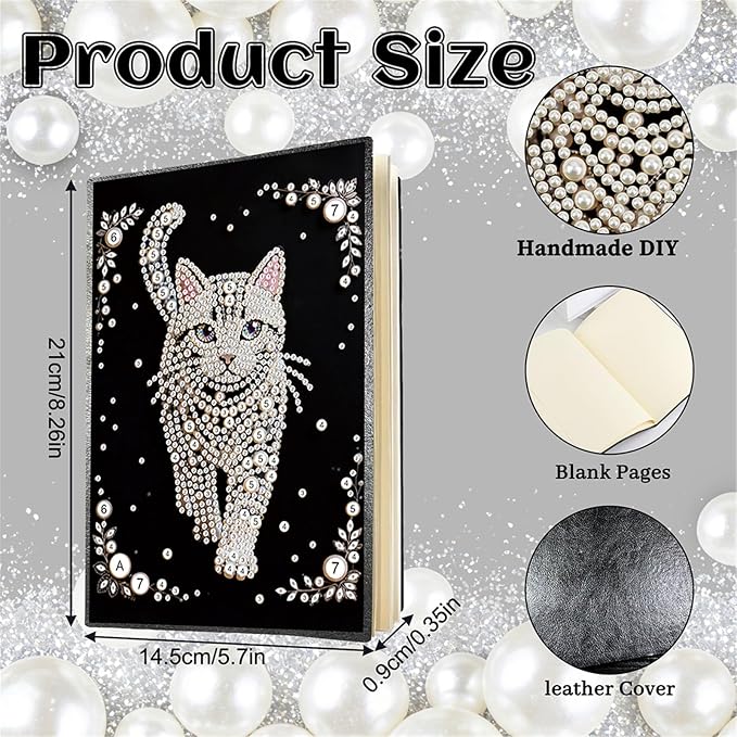 FRANDEK Pearl Painting Notebook Kit, Cute Cat A5 DIY Journal with 50 Blank Pages, Diamond Gem Art Cover with Waterproof Canvas, Beginner Craft Set with Full Tools for Adults