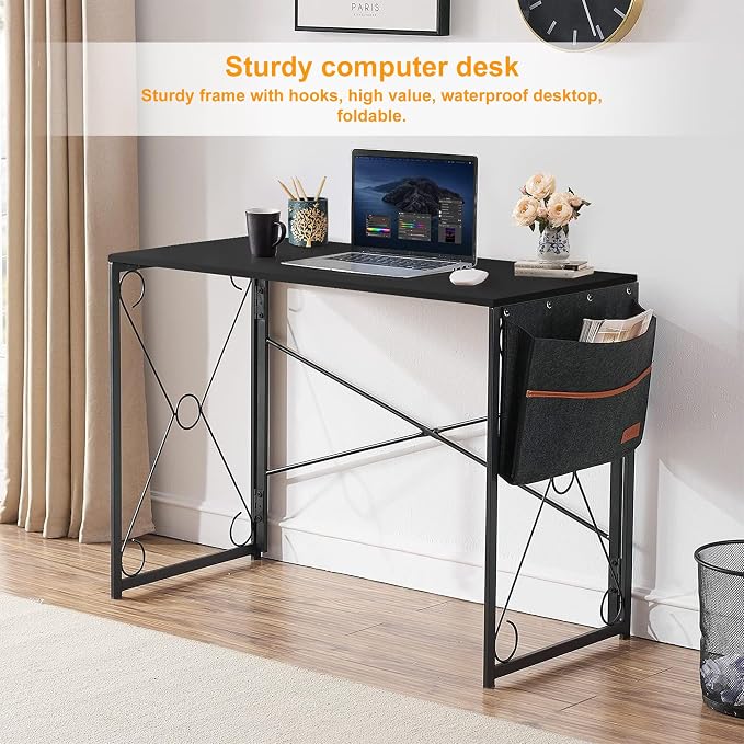 VECELO 39 Inch Folding Desk Simple Assembly Desk, Writing Computer Desk for Home Office Study Office Desk Foldable Table for Small Spaces, Black