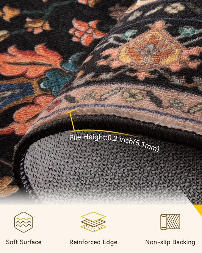 RELEANY Area Rugs Runner 2'6"x10' Washable Non-Slip, Floral Vintage Distress Medallion Carpet for Kitchen Hallway Bedroom Beside Laundry Room Bathroom, Black Colorful Floral Dark Tan