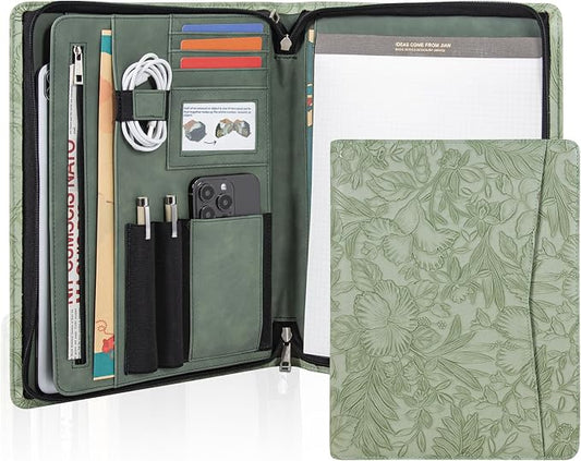 AZXCG Leather Portfolio with Zipper, Embossed Leather Padfolio for Women, Professional Business Portfolio Organizer fits 13" Tablet, Writing Pad Holder, Gifts for Women/Men, Valentine's Day Gift