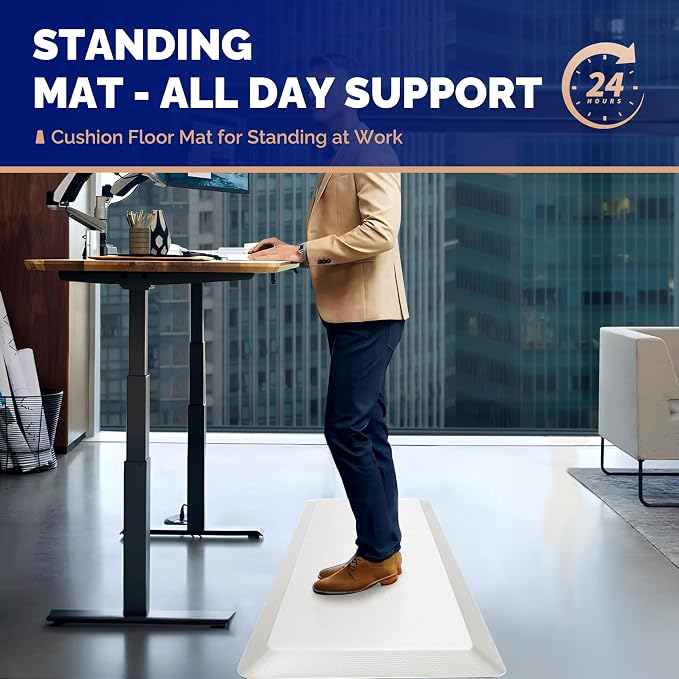FEATOL Anti Fatigue Mats for Standing, 9/10 Extra Thick Ergonomic Standing Desk Mat, Comfort Memory Foam Standing Mat at Home,Office All Day (20" x 48", White, 2PC)