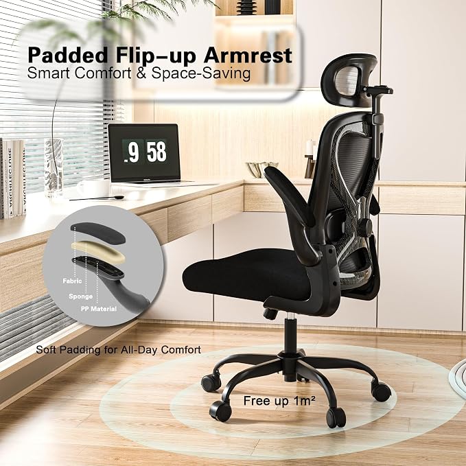 Home Office Desk Chairs, Ergonomic Office Chair with Lumbar Support & 3D Headrest, Computer Desk Chair with Flip-up Armrests, Perfect for Office or Study, Black/Carbon Fiber