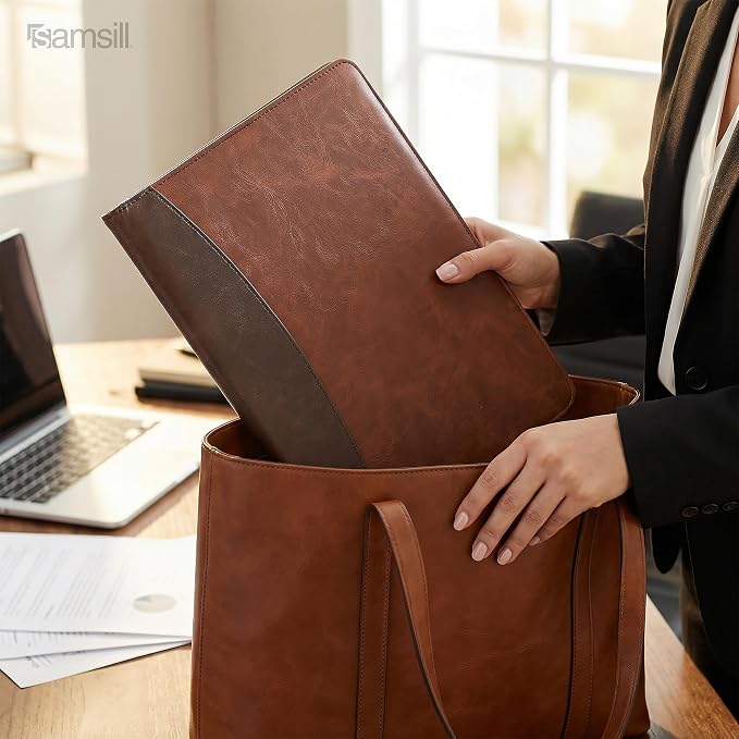 Samsill Two-Tone Padfolio Portfolio Folder, Professional Resume and Document Organizer with 8.5 x 11 Writing Pad, Business Card Pockets and Pen Holder, Faux Leather, Brown/Dark Brown