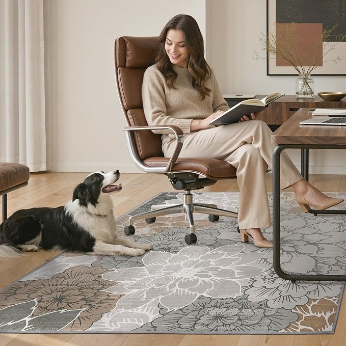 48"x72" Office Chair Mat for Hardwood Tile Floor, Under Desk Carpet Protector for Rolling Computer Chair Mat, Machine Washable Area Rug, Anti-Slip 1/5" Thick Low Pile Thin Vinyl Floor Mat, Taupe Grey