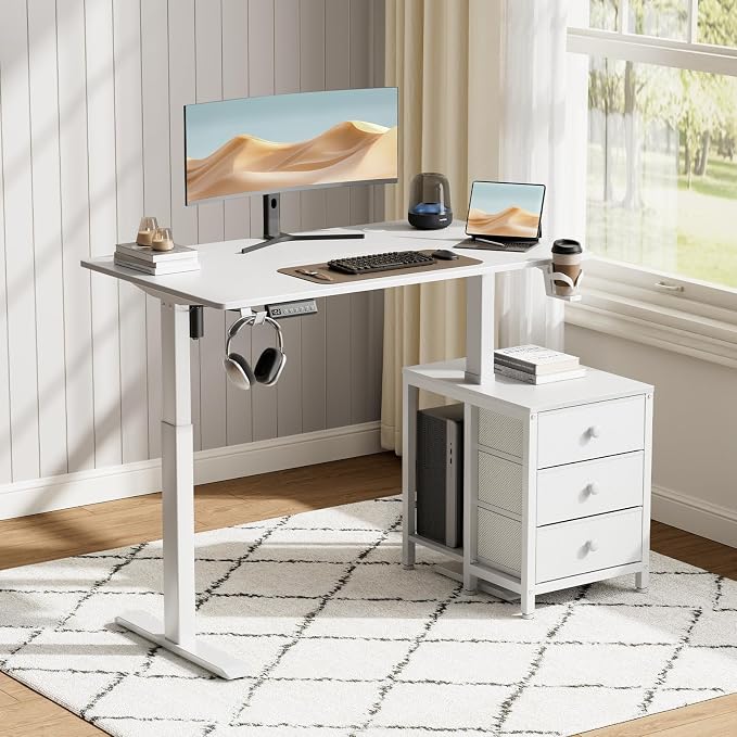 REAHOME 47 Inch White Electric Height Adjustable Standing Desk with Drawers | Dual Motor Sit-Stand Frame With 3 Memory Presets, Printer Cabinet, Hooks & Cable Management For Home Office Gaming Desk