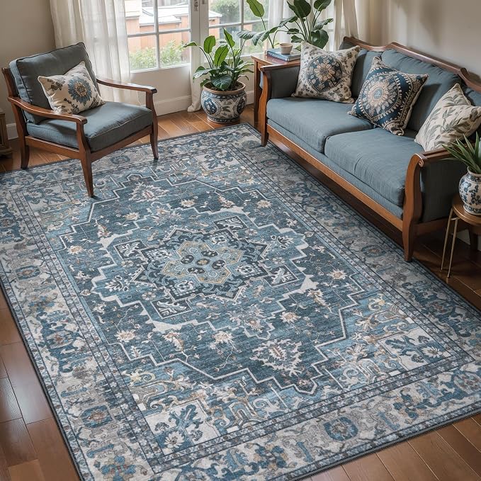 Tangsoo Farmhouse 4x6 Area Rug, Vintage Washable Non Slip Indoor Rugs, Oriental Machine Washable Rug Carpet, Soft Low Pile Foldable Floor Rugs for Dining Room Bedroom Living Room Home Decor Blue Gray