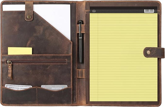 KomalC Leather Portfolio Folder with Luxury Pen and Button Closure | Business Padfolio for Professionals | Vintage Organizer with Legal Pad Holder & Card Slots (Distressed Tan)
