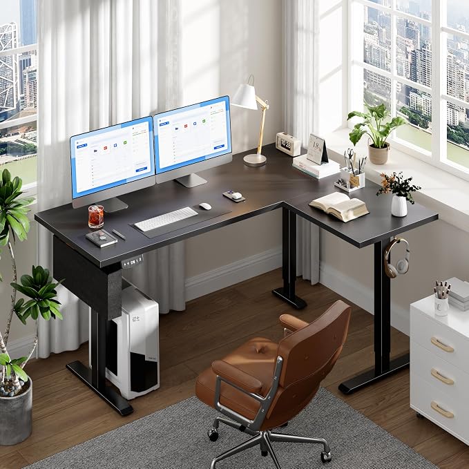 Korfile 63" L Shaped Standing Desk, Height Adjustable, LED, Memory Presets | Reversible, Ergonomic Sit to Stand Computer Desk with Headphone Hook for Home, Office and Workstation, Dark Black