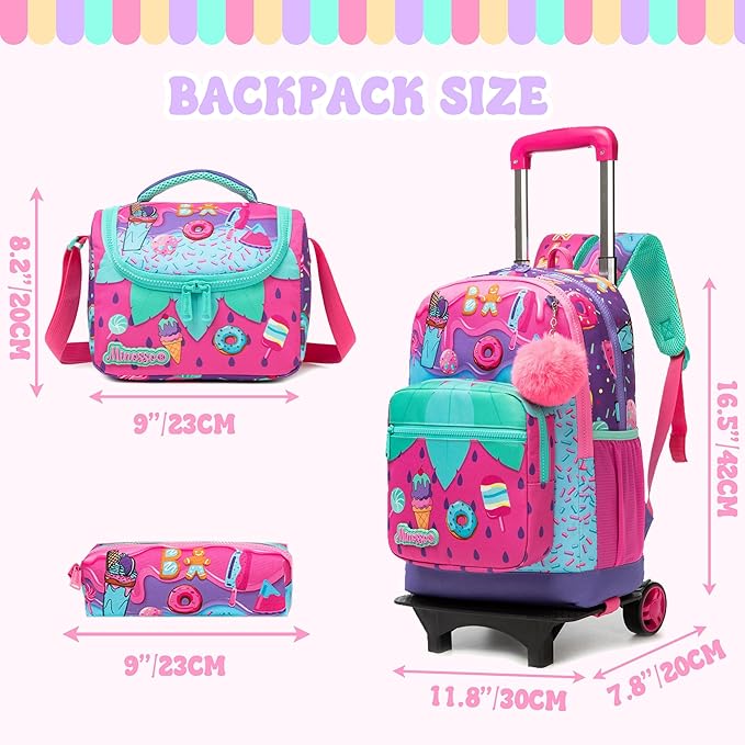 Girls Rolling Backpack for Kids Ages 8-12 Wheeled Backpack for Kids Backpacks for Girls with Lunch Bag Back to School Supplies Kit