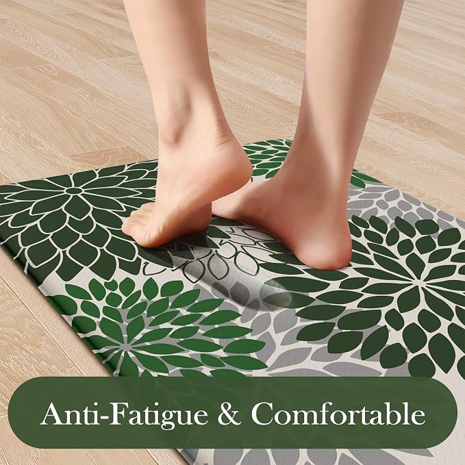 KIMODE Kitchen Mat Anti Fatigue Cushioned Kitchen Rugs Sets of 2 Decor | Dahlia Floral Boho,Non Slip Rubber Backing,Green,Waterproof,Farmhouse Standing Mat Christmas Decor for Laundry Kitchen Sink