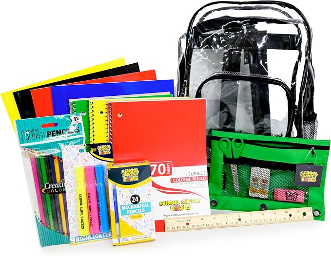 School Supply Boxes | 17" Clear Backpack Bundle for Middle School | Back to School Bookbag with Supplies | Pencil Pouch, Notebooks, Filler Paper, Folders, Mechanical Pencils & More