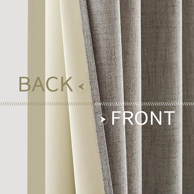 MIULEE Linen Curtains 90 Inches Curtains for Bedroom 100% Blackout Thermal Insulated Greige Curtains Grommet Room Darkening Drapes for Living Room 52x90 Inch (2 Panels)